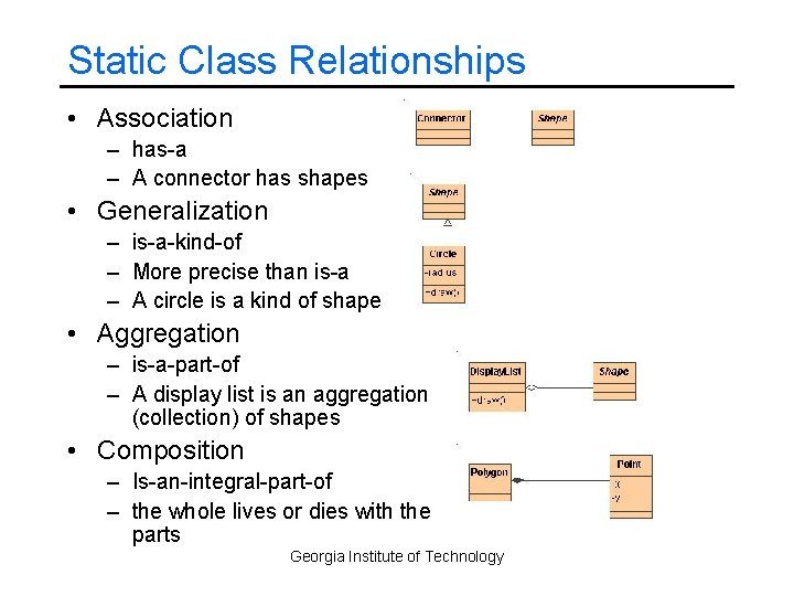 Static Class Relationships • Association – has-a – A connector has shapes • Generalization