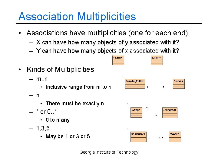 Association Multiplicities • Associations have multiplicities (one for each end) – X can have