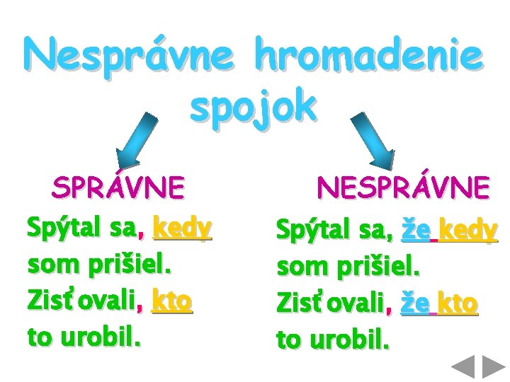 Nesprávne hromadenie spojok SPRÁVNE Spýtal sa, kedy som prišiel. Zisťovali, kto to urobil. NESPRÁVNE Nesprávne hromadenie spojok SPRÁVNE Spýtal sa, kedy som prišiel. Zisťovali, kto to urobil. NESPRÁVNE
