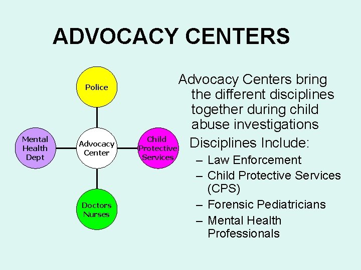 ADVOCACY CENTERS Police Mental Health Dept Advocacy Center Doctors Nurses Advocacy Centers bring the
