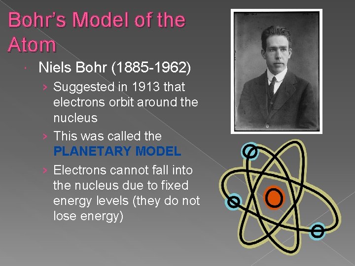 Bohr’s Model of the Atom Niels Bohr (1885 -1962) › Suggested in 1913 that Bohr’s Model of the Atom Niels Bohr (1885 -1962) › Suggested in 1913 that