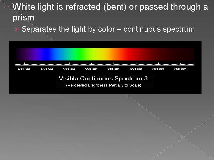 White light is refracted (bent) or passed through a prism › Separates the White light is refracted (bent) or passed through a prism › Separates the