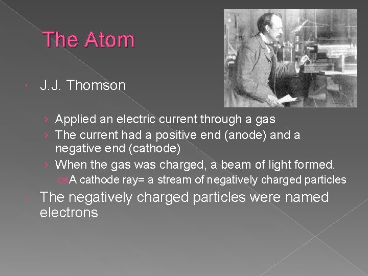 The Atom J. J. Thomson › Applied an electric current through a gas › The Atom J. J. Thomson › Applied an electric current through a gas ›