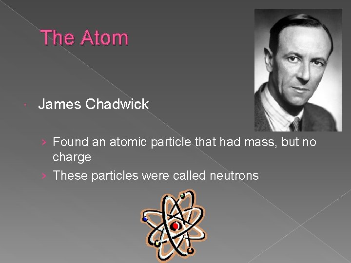 The Atom James Chadwick › Found an atomic particle that had mass, but no The Atom James Chadwick › Found an atomic particle that had mass, but no