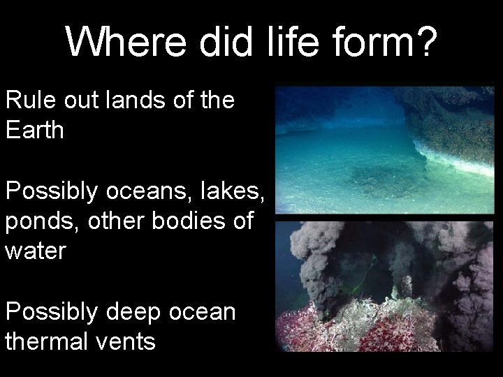 Where did life form? Rule out lands of the Earth Possibly oceans, lakes, ponds, Where did life form? Rule out lands of the Earth Possibly oceans, lakes, ponds,