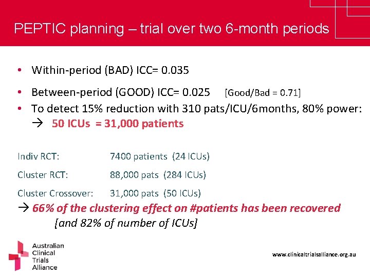 PEPTIC planning – trial over two 6 -month periods • Within-period (BAD) ICC= 0.