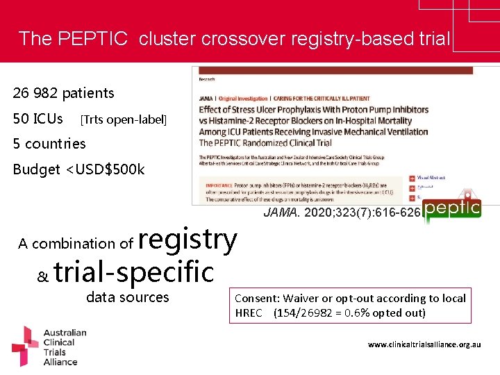 The PEPTIC cluster crossover registry-based trial 26 982 patients 50 ICUs [Trts open-label] 5