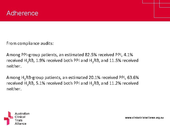 Adherence From compliance audits: Among PPI-group patients, an estimated 82. 5% received PPI, 4.