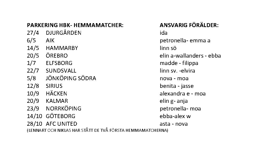 PARKERING HBK- HEMMAMATCHER: 27/4 DJURGÅRDEN 6/5 AIK 14/5 HAMMARBY 20/5 ÖREBRO 1/7 ELFSBORG 22/7