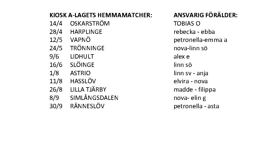 KIOSK A-LAGETS HEMMAMATCHER: 14/4 OSKARSTRÖM 28/4 HARPLINGE 12/5 VAPNÖ 24/5 TRÖNNINGE 9/6 LIDHULT 16/6