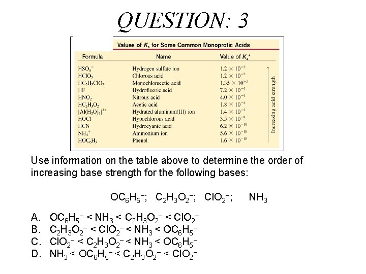 QUESTION: 3 Use information on the table above to determine the order of increasing