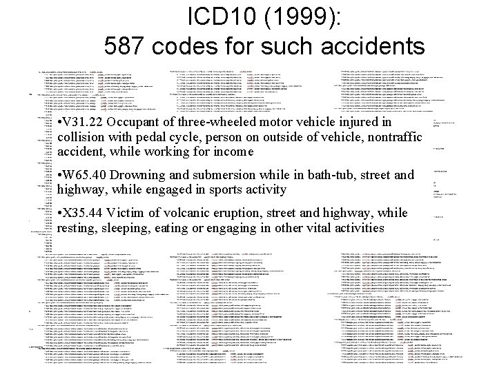 ICD 10 (1999): 587 codes for such accidents • V 31. 22 Occupant of
