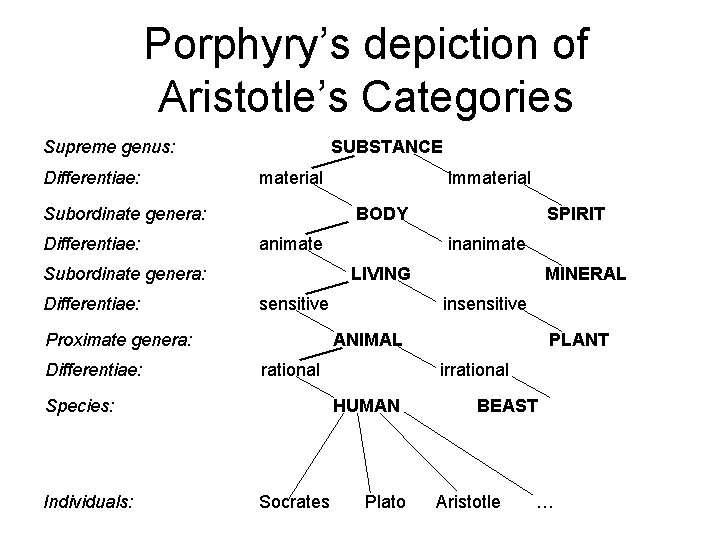 Porphyry’s depiction of Aristotle’s Categories Supreme genus: Differentiae: SUBSTANCE material Subordinate genera: Differentiae: BODY