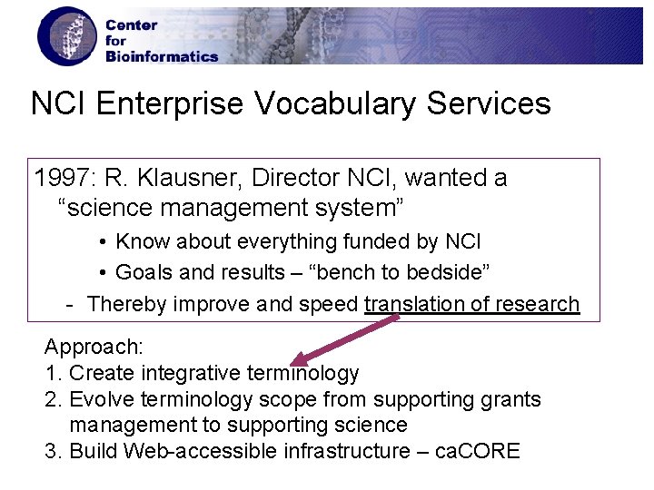 NCI Enterprise Vocabulary Services 1997: R. Klausner, Director NCI, wanted a “science management system”