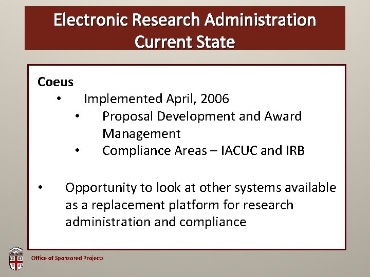 Electronic Research OSP Brown. Administration Bag Current State Coeus • Implemented April, 2006 •