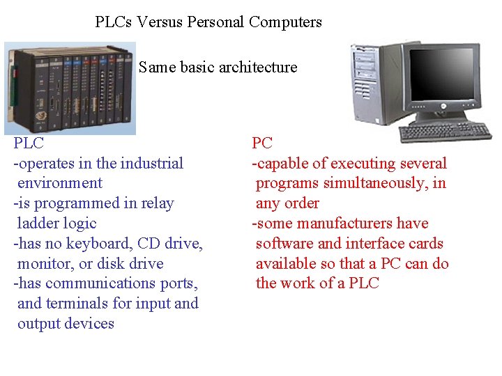 PLCs Versus Personal Computers Same basic architecture PLC -operates in the industrial environment -is