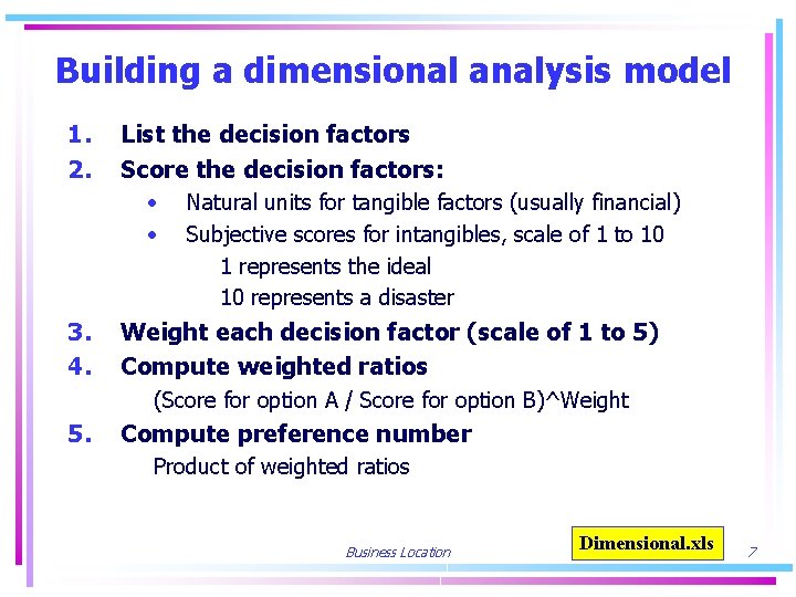 Building a dimensional analysis model 1. 2. List the decision factors Score the decision
