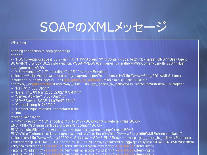 SOAPのXMLメッセージ Wire dump: opening connection to soap. genome. jp. . . opened <- "POST