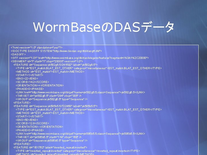 Worm. BaseのDASデータ <? xml version="1. 0" standalone="yes"? > <!DOCTYPE DASGFF SYSTEM "http: //www. biodas.