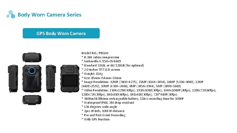Body Worn Camera Series GPS Body Worn Camera Model NO. : PBG 03 * Body Worn Camera Series GPS Body Worn Camera Model NO. : PBG 03 *