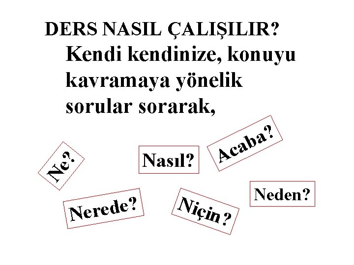 DERS NASIL ÇALIŞILIR? Ne ? Kendi kendinize, konuyu kavramaya yönelik sorular sorarak, ? e