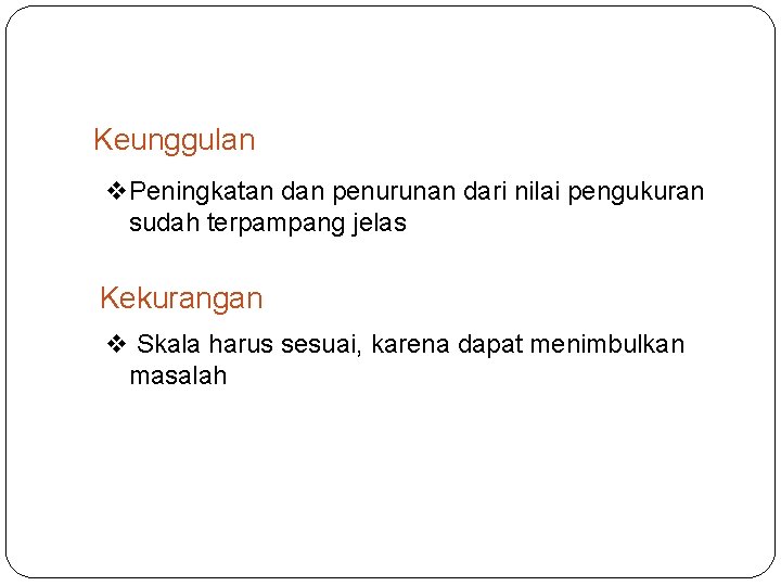 Keunggulan v. Peningkatan dan penurunan dari nilai pengukuran sudah terpampang jelas Kekurangan v Skala