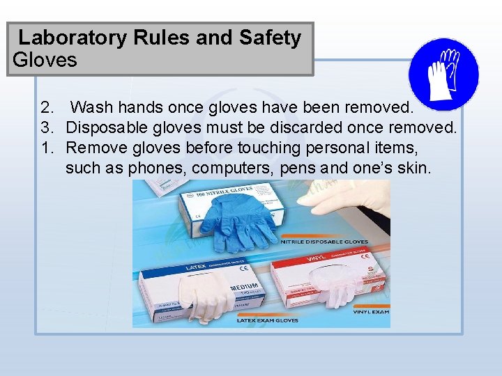 Laboratory Rules and Safety Gloves 2. Wash hands once gloves have been removed. 3.
