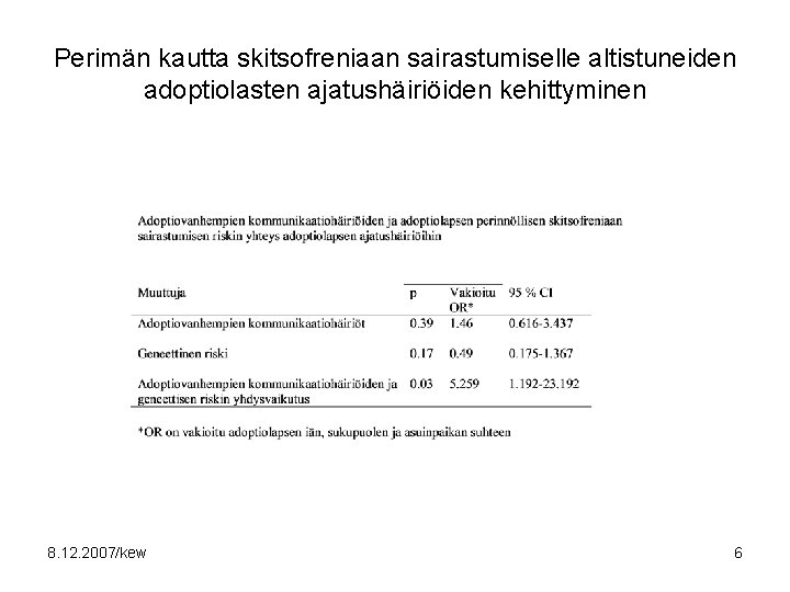 Perimän kautta skitsofreniaan sairastumiselle altistuneiden adoptiolasten ajatushäiriöiden kehittyminen 8. 12. 2007/kew 6 