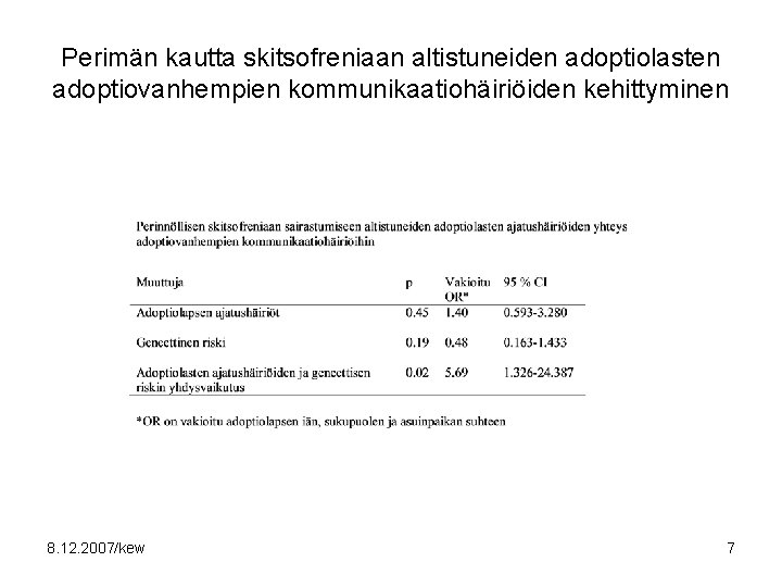 Perimän kautta skitsofreniaan altistuneiden adoptiolasten adoptiovanhempien kommunikaatiohäiriöiden kehittyminen 8. 12. 2007/kew 7 