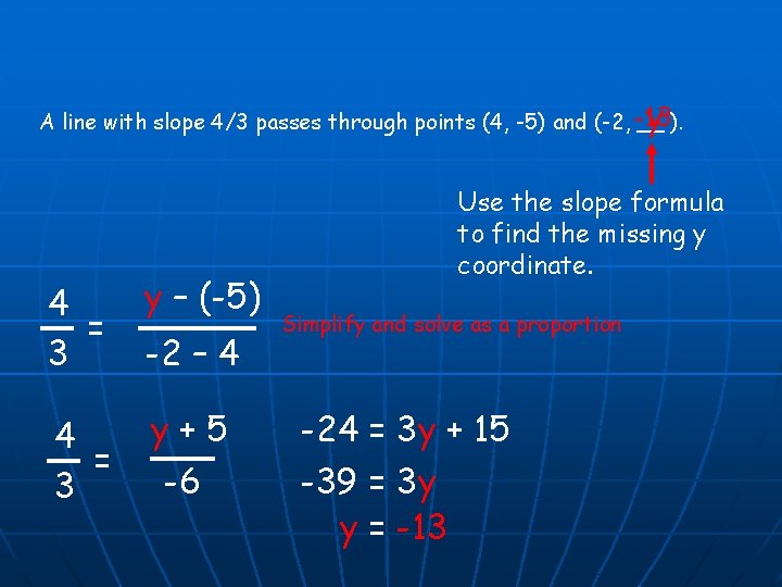 y A line with slope 4/3 passes through points (4, -5) and (-2, -13
