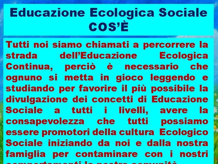 Educazione Ecologica Sociale COS’È Tutti noi siamo chiamati a percorrere la strada dell’Educazione Ecologica