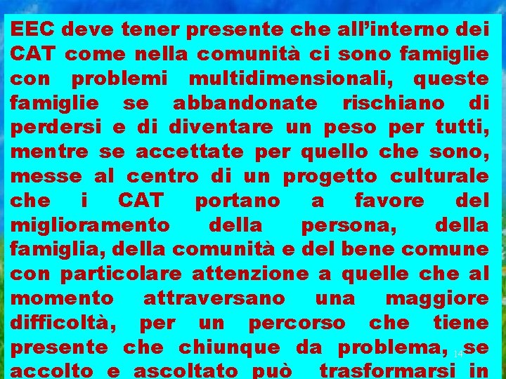 EEC deve tener presente che all’interno dei CAT come nella comunità ci sono famiglie