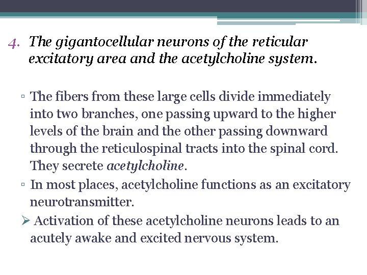 4. The gigantocellular neurons of the reticular excitatory area and the acetylcholine system. ▫