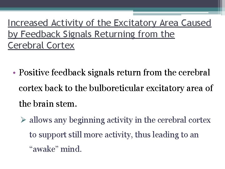 Increased Activity of the Excitatory Area Caused by Feedback Signals Returning from the Cerebral