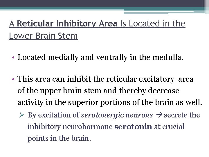 A Reticular Inhibitory Area Is Located in the Lower Brain Stem • Located medially