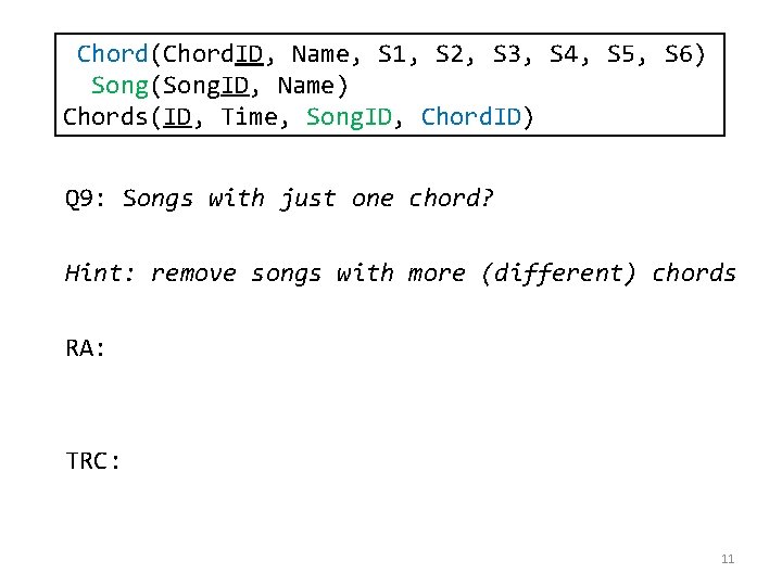 Chord(Chord. ID, Name, S 1, S 2, S 3, S 4, S 5, S
