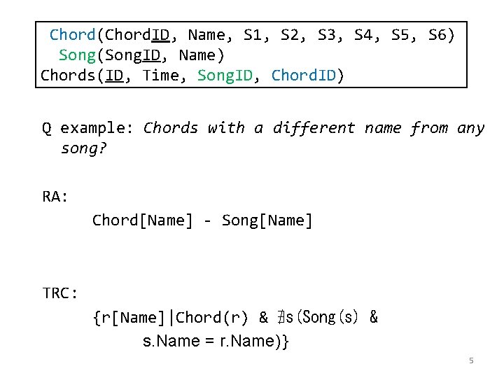 Chord(Chord. ID, Name, S 1, S 2, S 3, S 4, S 5, S