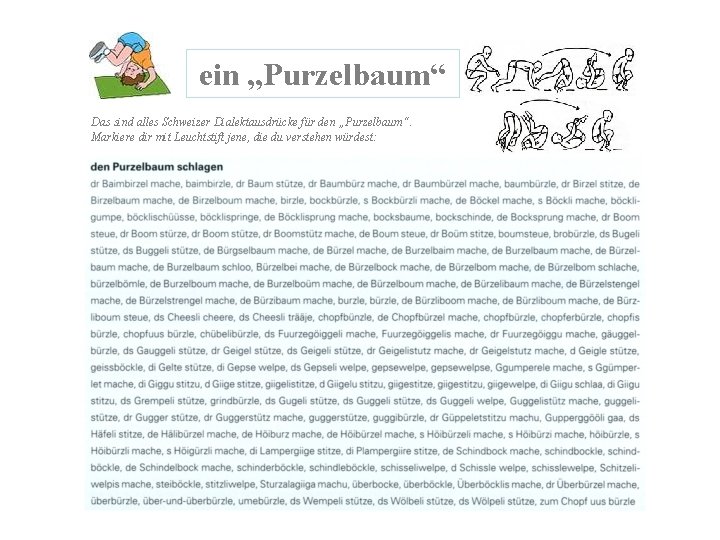 ein „Purzelbaum“ Das sind alles Schweizer Dialektausdrücke für den „Purzelbaum“. Markiere dir mit Leuchtstift