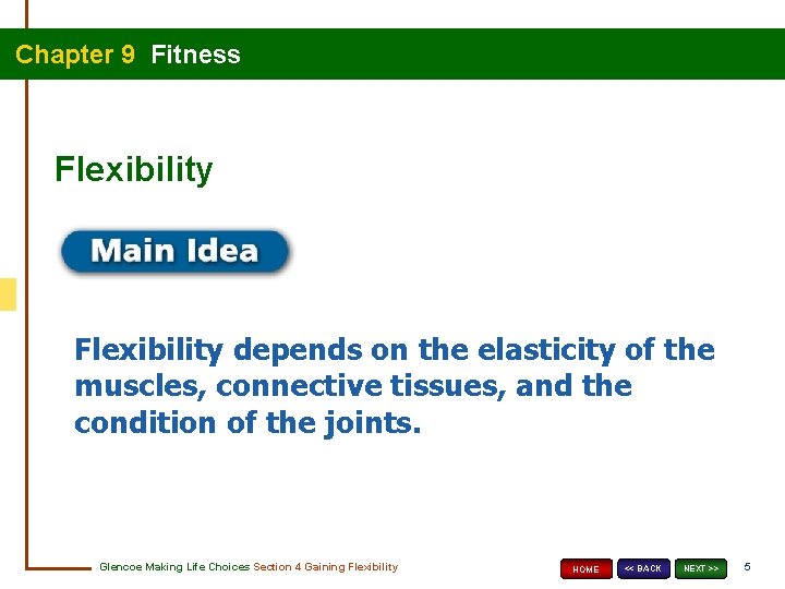Chapter 9 Fitness Flexibility depends on the elasticity of the muscles, connective tissues, and