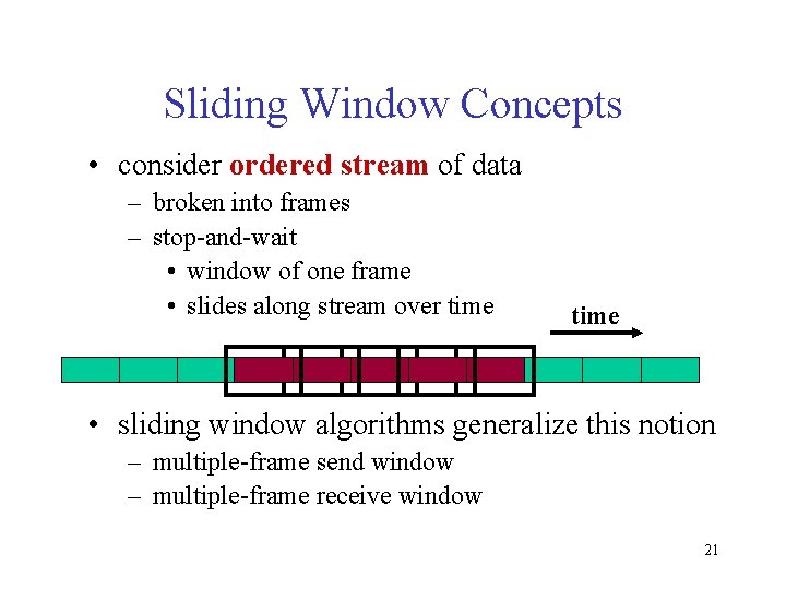 Sliding Window Concepts • consider ordered stream of data – broken into frames –