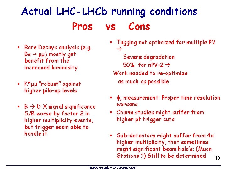 Actual LHC-LHCb running conditions Pros vs Cons § Rare Decays analysis (e. g. Bs