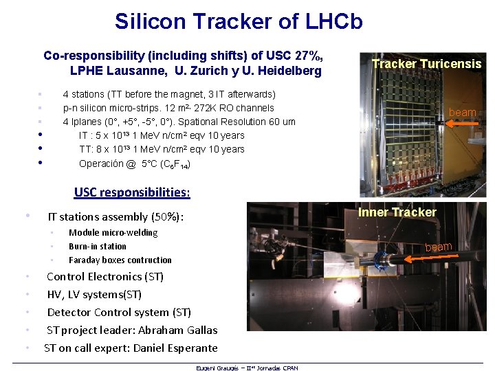 Silicon Tracker of LHCb Co-responsibility (including shifts) of USC 27%, LPHE Lausanne, U. Zurich
