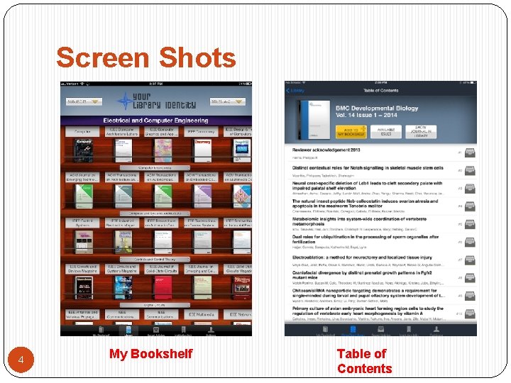 Screen Shots 4 My Bookshelf Table of Contents 
