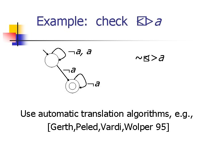 Example: check � <>a a, a a ~� <>a a Use automatic translation algorithms,