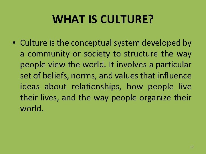 WHAT IS CULTURE? • Culture is the conceptual system developed by a community or