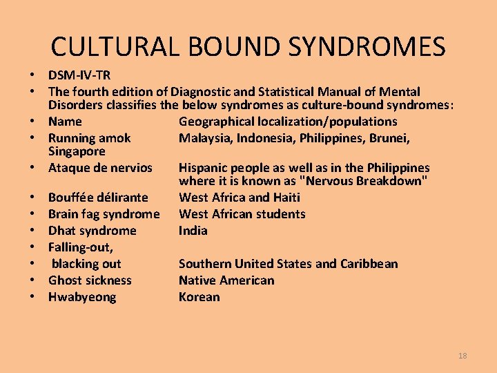 CULTURAL BOUND SYNDROMES • DSM-IV-TR • The fourth edition of Diagnostic and Statistical Manual