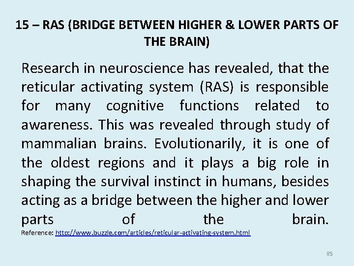 15 – RAS (BRIDGE BETWEEN HIGHER & LOWER PARTS OF THE BRAIN) Research in