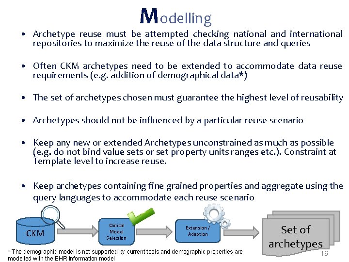 Modelling • Archetype reuse must be attempted checking national and international repositories to maximize