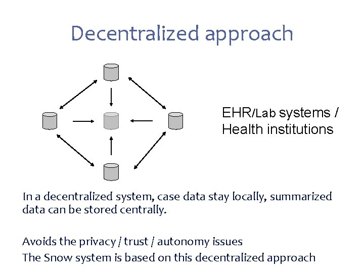 Decentralized approach EHR/Lab systems / Health institutions In a decentralized system, case data stay