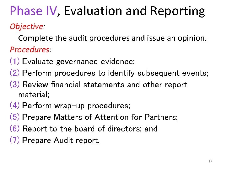 Phase IV, Evaluation and Reporting Objective: Complete the audit procedures and issue an opinion.